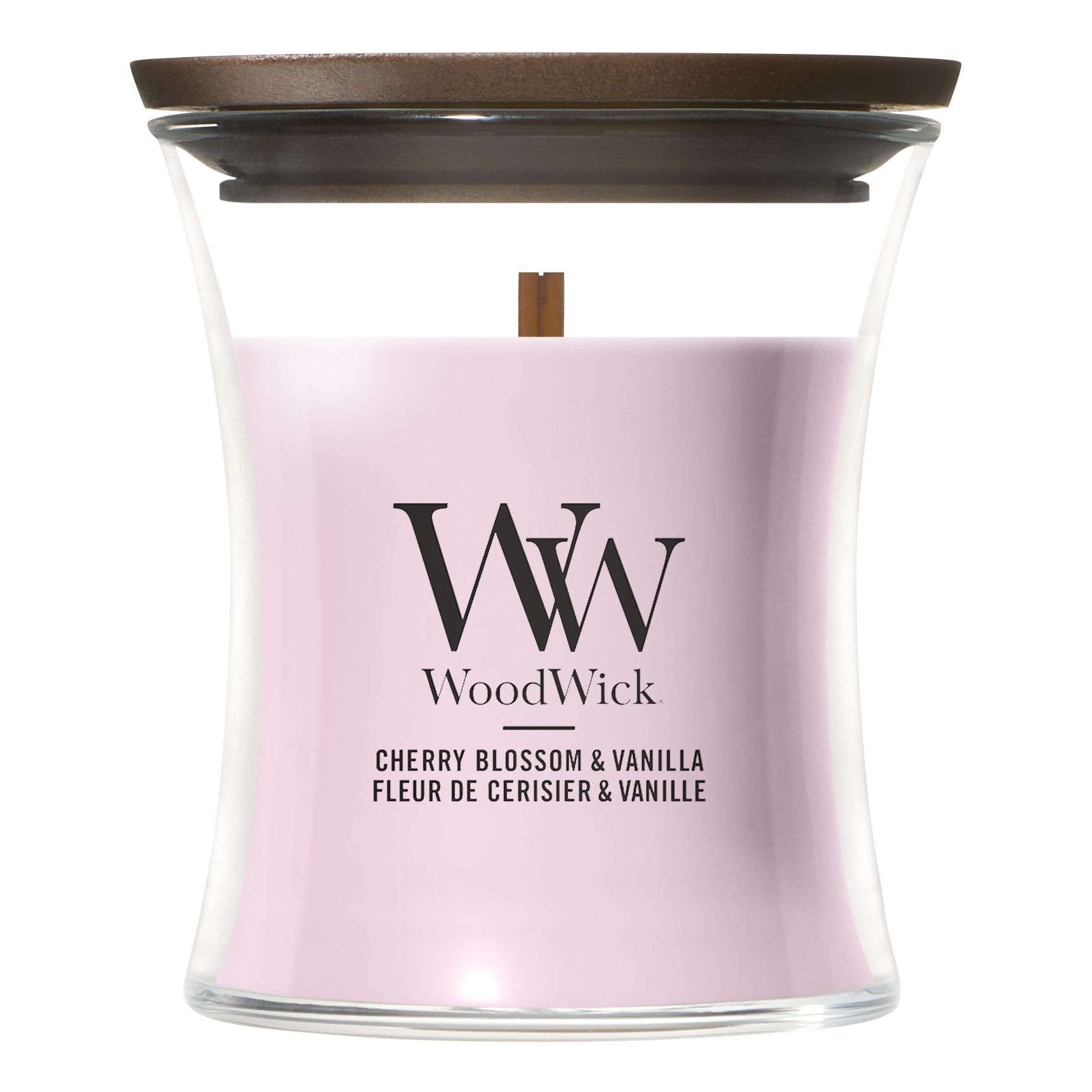 WoodWick Duftkerze mit Holzdeckel WoodWick Cherry Blossom & Vanilla Kerze mit sichtbarem Holzdocht