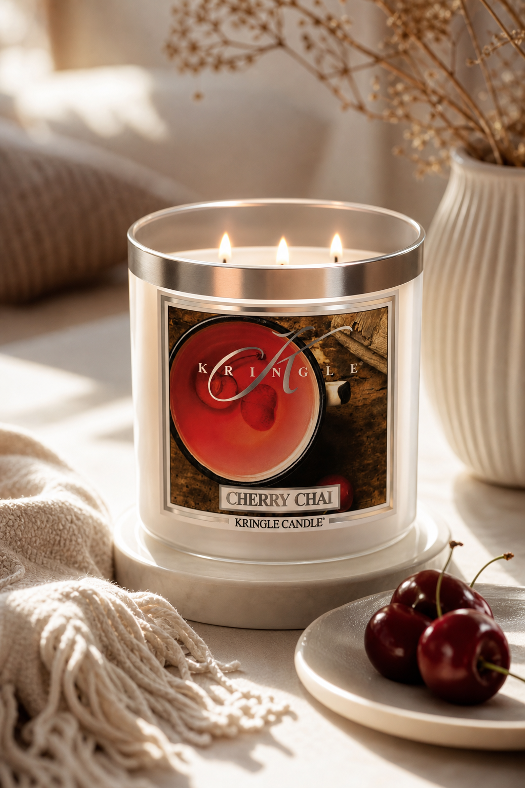 Cherry Chai 396g 3-Docht Tumbler in einer stimmungsvollen Anwendungsszene