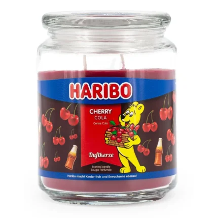 Haribo Cherry Cola Duftkerze mit Etikett, Kirschen und Cola-Flaschenmotiv