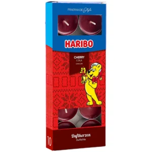 Verpackung mit Haribo Cherry Cola Duftkerzen und sichtbaren Teelichtern