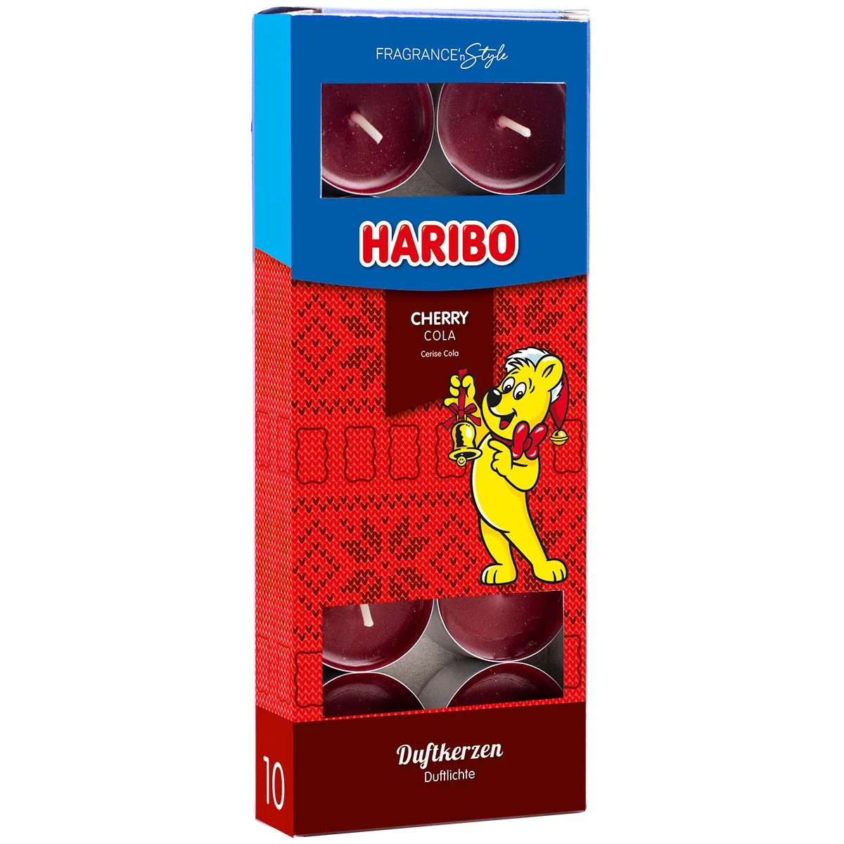 Haribo Cherry Cola Duftkerzen Verpackung mit Haribo Cherry Cola Duftkerzen und sichtbaren Teelichtern