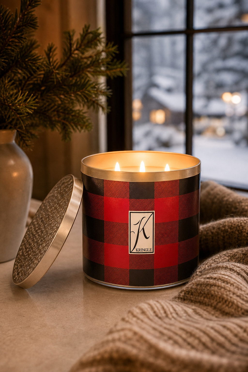 Christmas Cabin 396g Tumbler 3-Docht in einer stimmungsvollen Anwendungsszene
