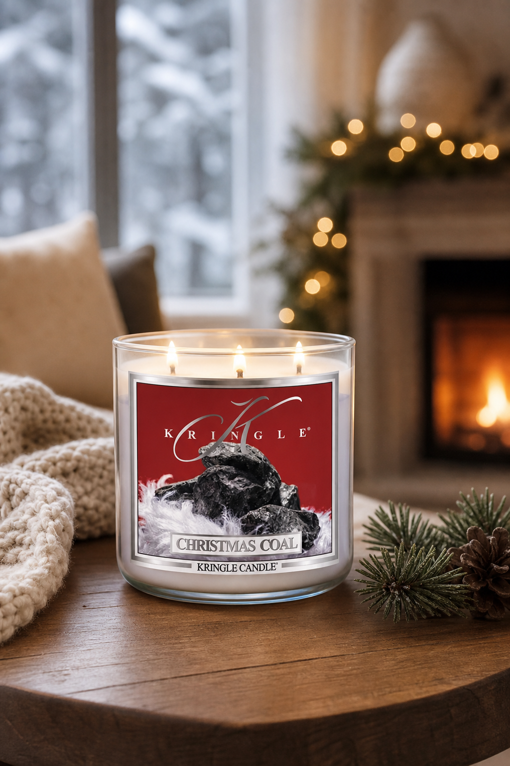 Christmas Coal 396g 3-Docht Tumbler in einer stimmungsvollen Anwendungsszene