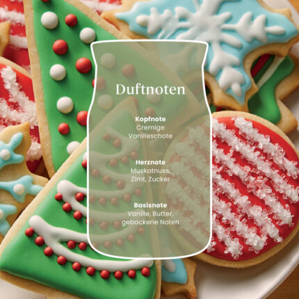 Grafik mit Duftnoten von Christmas Cookie vor dekorierten Weihnachtskeksen