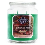Vorderansicht der grünen Candle Brothers Kerze mit Christmas-Tree-Etikett