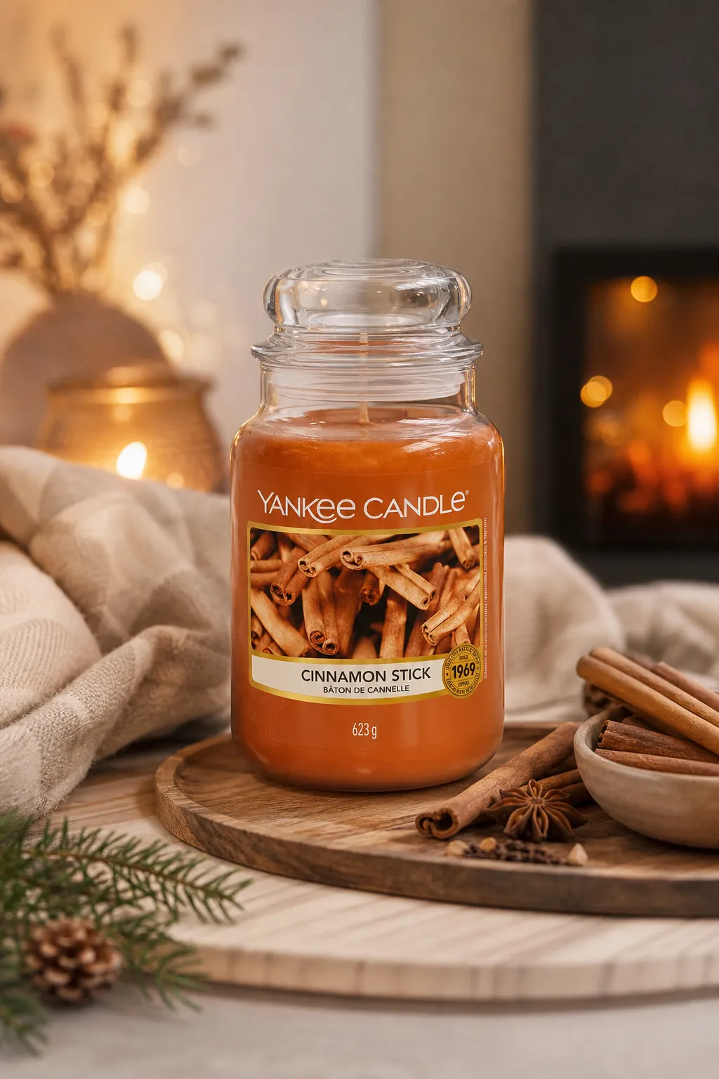 Yankee Candle Cinnamon Stick Kerze mit Zimtstangen auf einem Holzbrett