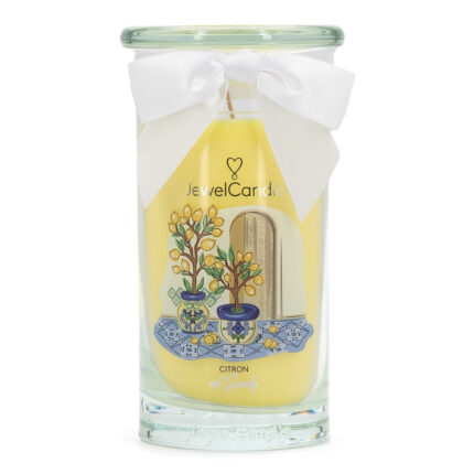 Gelbe JewelCandle-Kerze im Glas mit weißer Schleife und Zitronenmotiv