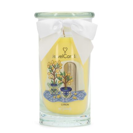 JewelCandle-Kerze im Glas mit Zitronenmotiv und Aufdruck Citron of Sicily