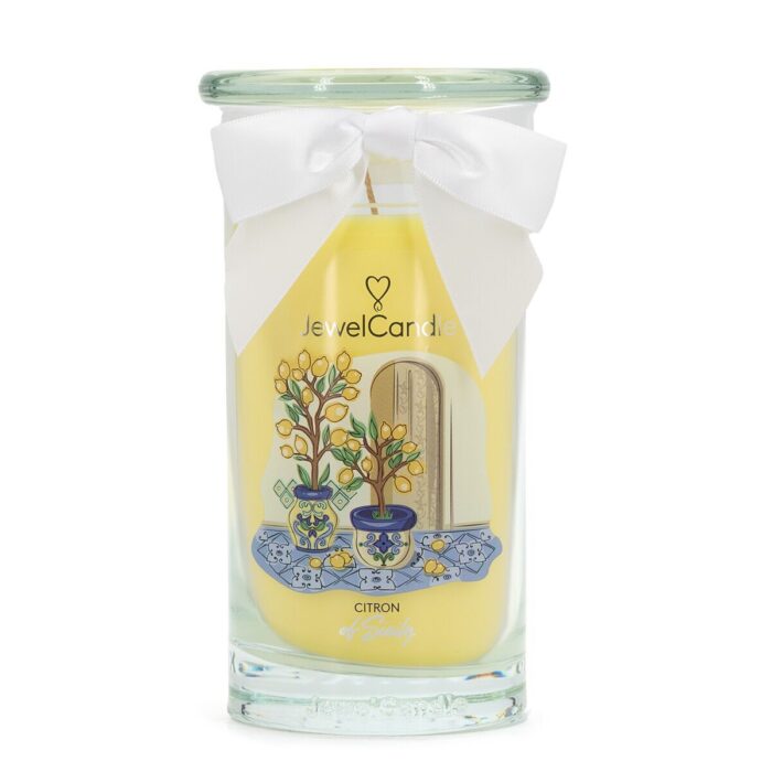 JewelCandle-Kerze im Glas mit Zitronenmotiv und Aufdruck Citron of Sicily