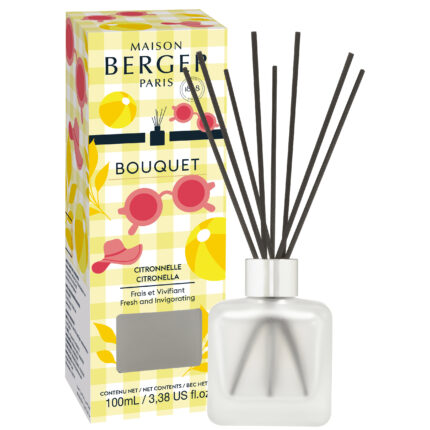 Citronella Raumduft-Diffuser mit schwarzen Duftstäbchen neben der Produktverpackung
