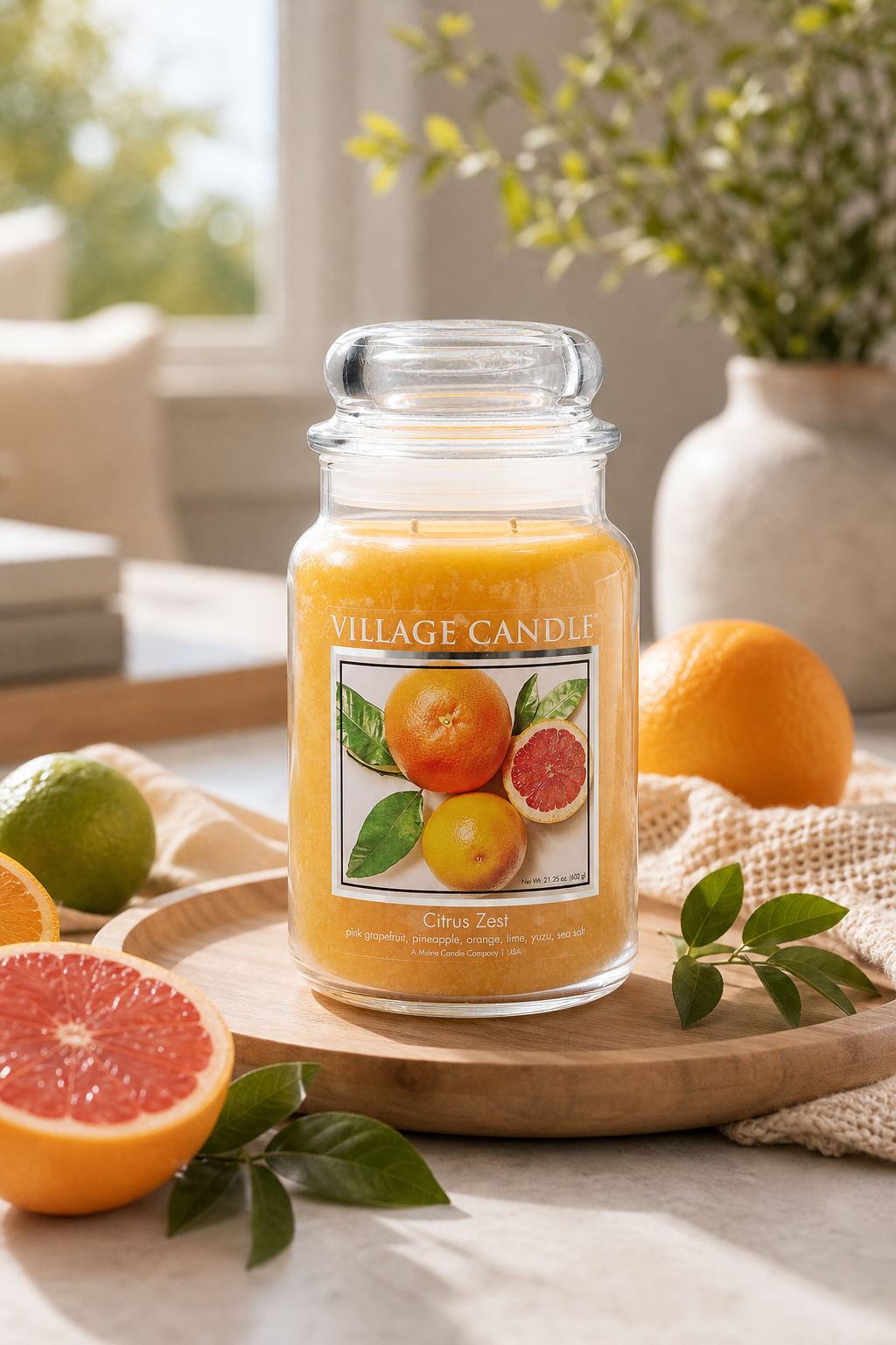 Village Candle Citrus Zest Kerze auf Holzbrett mit Zitrusfrüchten