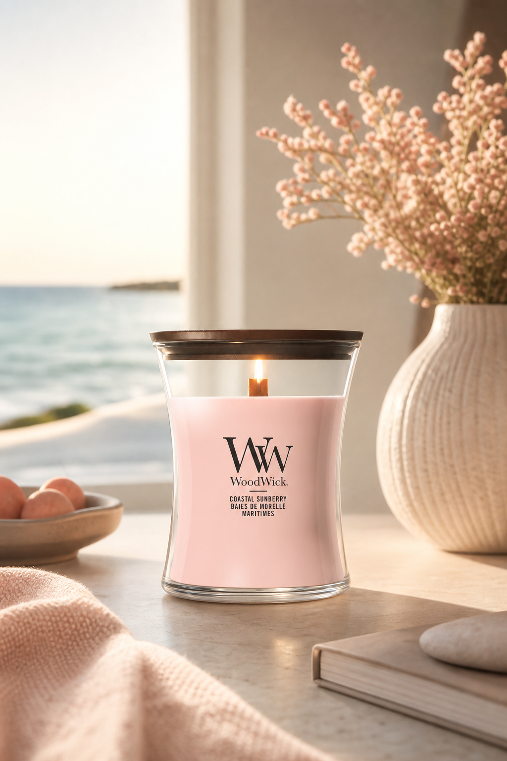 Brennende WoodWick Coastal Sunberry Kerze auf einem Tisch am Fenster