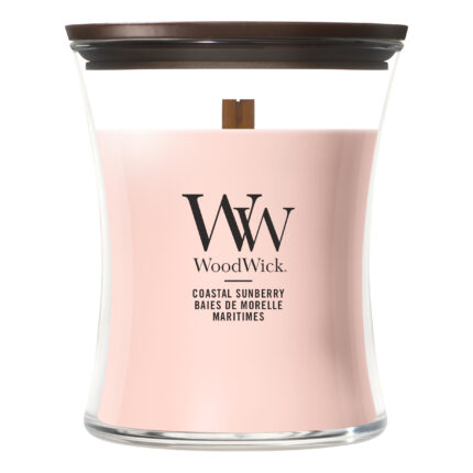 Frontansicht der WoodWick Coastal Sunberry Kerze im Glas