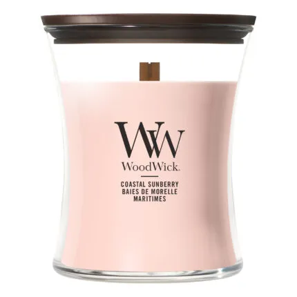 Frontansicht der WoodWick Coastal Sunberry Kerze im Glas