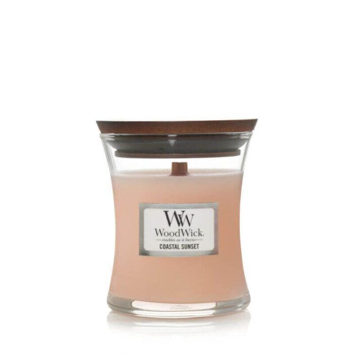 WoodWick Coastal Sunset Kerze im Glas mit Holzdeckel von vorn