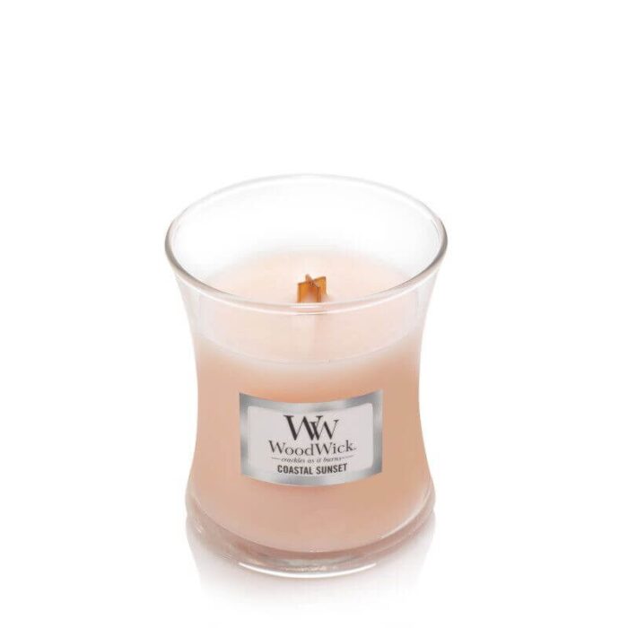 WoodWick Coastal Sunset Kerze ohne Deckel und mit sichtbarem Docht