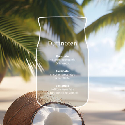 Grafik mit Duftnoten von Coconut Beach vor tropischer Strandkulisse