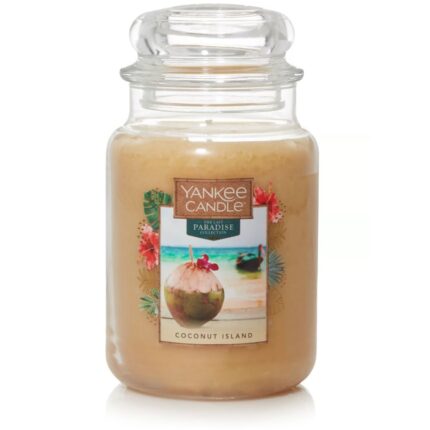 Coconut Island Kerze im Glas mit sichtbarem Etikett und Deckel
