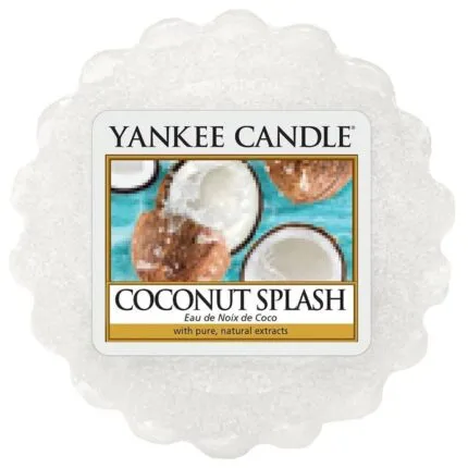 Weißes Yankee Candle Coconut Splash Duftwachs mit Kokosmotiv auf dem Etikett