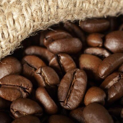 Village Candle Coffee Bean Kerze brennend auf einem Tisch neben Kaffeetasse