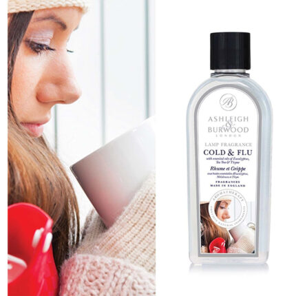 Flasche mit Cold-&-Flu-Lamp-Fragrance neben winterlicher Anwendungsszene