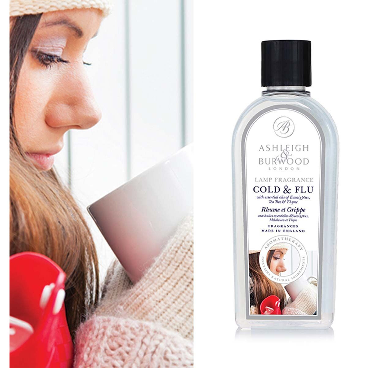 Cold & Flu Lamp Fragrance Flasche mit Cold-&-Flu-Lamp-Fragrance neben winterlicher Anwendungsszene