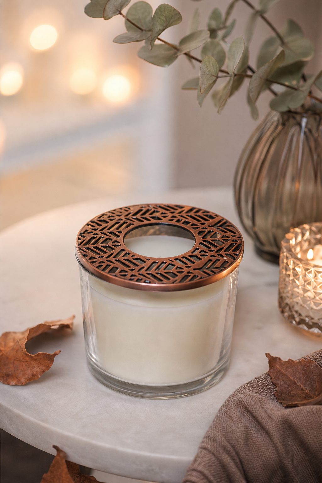 Copper Leaves Candle-Lid (Kupfer) in einer stimmungsvollen Anwendungsszene