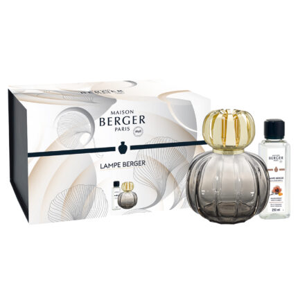 Graue Lampe Berger mit goldfarbenem Aufsatz, Verpackung und Nachfüllflasche