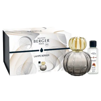Graue Lampe Berger mit goldfarbenem Aufsatz, Verpackung und Nachfüllflasche