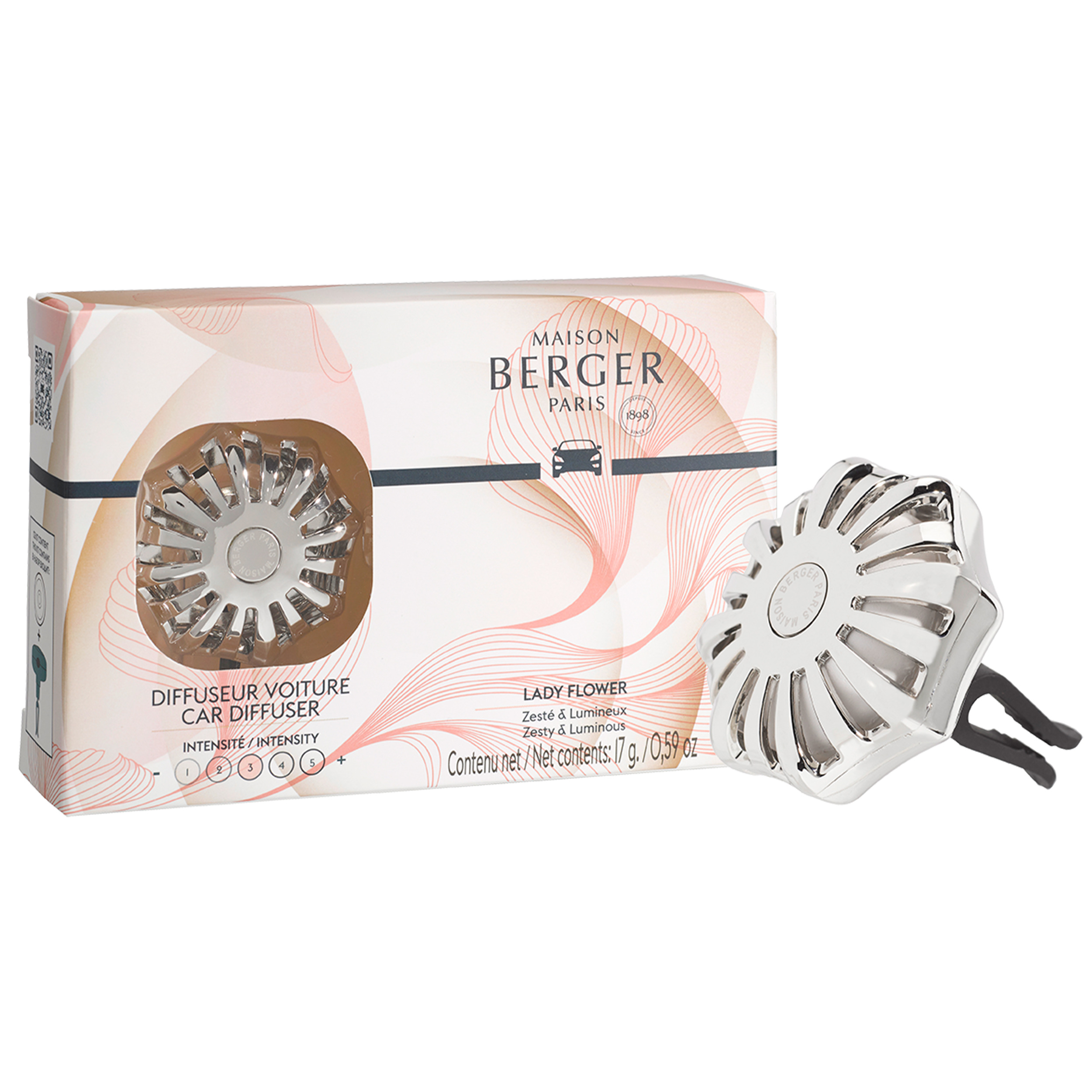 Lady Flower Autoduft Set Maison Berger Paris Lady Flower Autoduft-Set mit Verpackung und silbernem Autoduftspender
