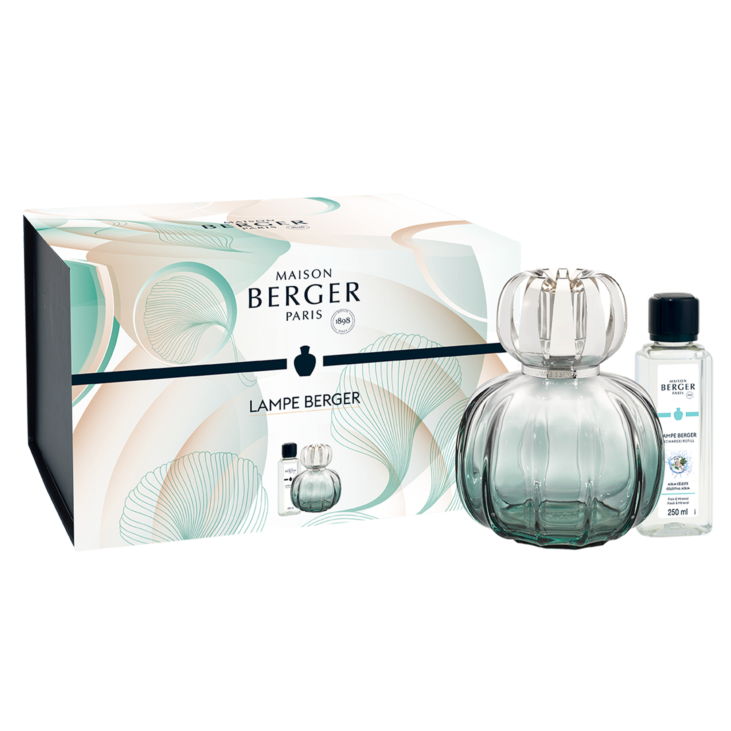 Lampe Berger Set mit Nachfüllflasche Lampe Berger Duftlampe und Nachfüllflasche vor der Produktverpackung