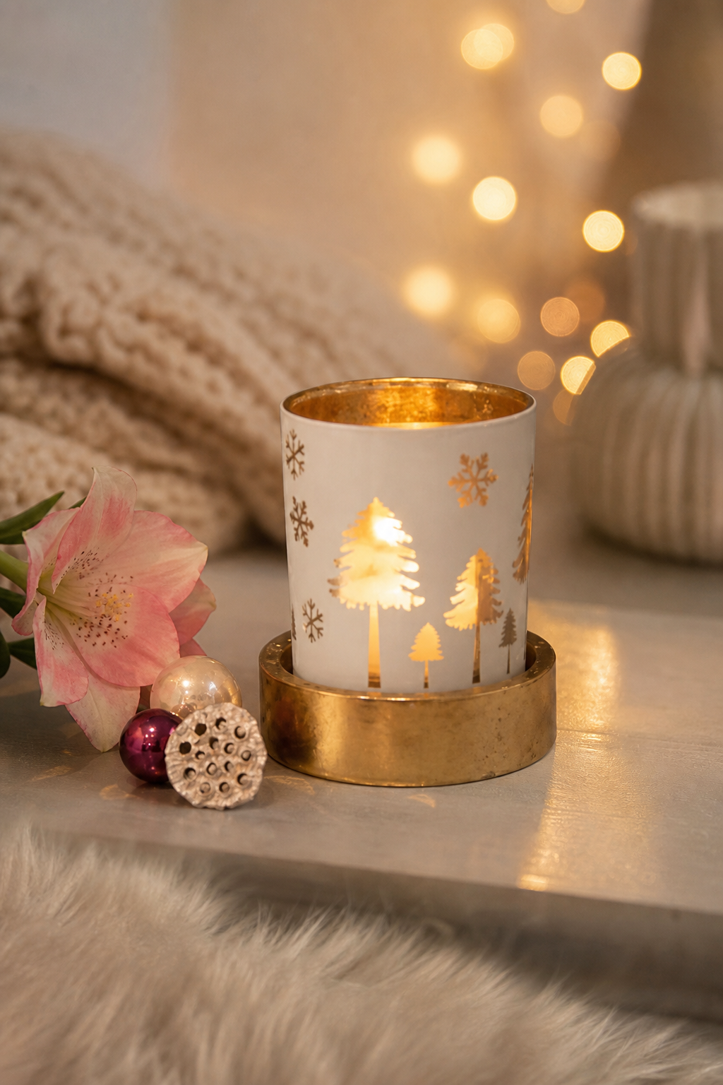Corso Votivglas 7cm Bäume creme/gold in einer stimmungsvollen Anwendungsszene