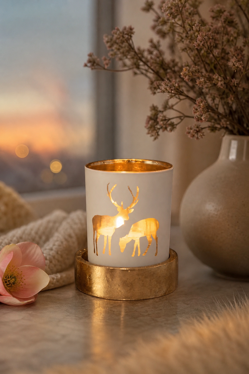 Corso Votivglas 7cm Hirsche creme/gold in einer stimmungsvollen Anwendungsszene