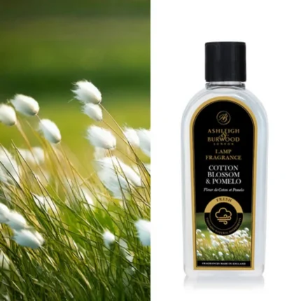 Flasche mit Etikett Cotton Blossom & Pomelo und schwarzem Verschluss