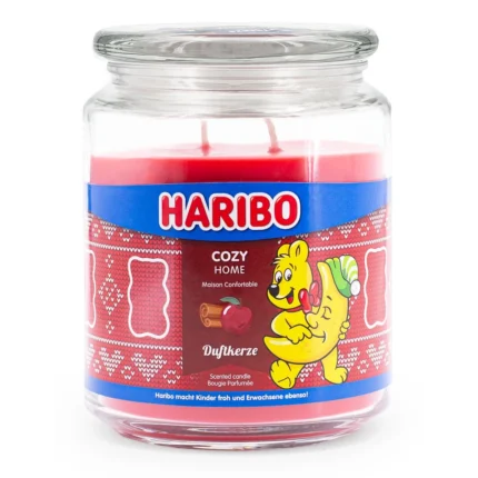 Rote Haribo Cozy Home Duftkerze im Glas mit geschlossenem Deckel