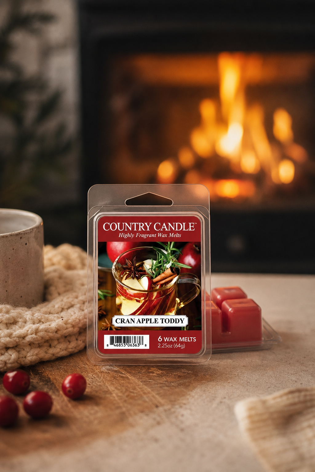 Cran Apple Toddy Wax Melts 64g in einer stimmungsvollen Anwendungsszene