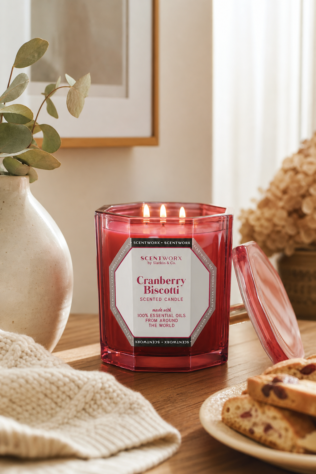Cranberry Biscotti 411g (3-Docht) in einer stimmungsvollen Anwendungsszene
