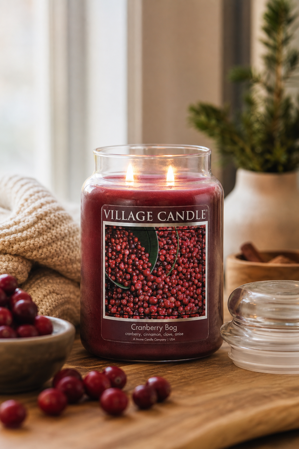 Brennende Village Candle Cranberry Bog Kerze auf Holztisch