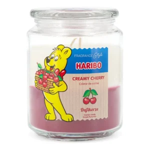 Haribo Creamy Cherry Duftkerze im Glas mit Etikett und Kirschenmotiv