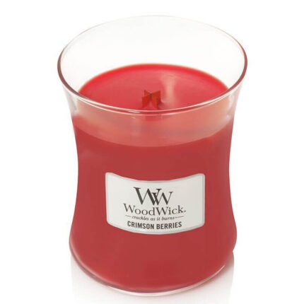 Rote WoodWick Crimson Berries Kerze im Glas mit sichtbarem Docht