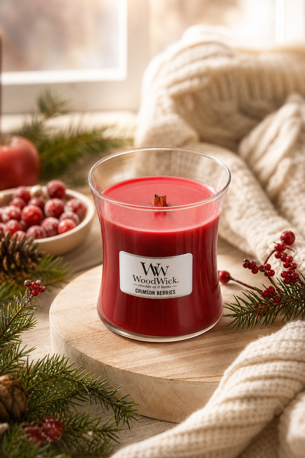 Rote WoodWick Crimson Berries Kerze auf Holzunterlage neben Beeren und Tannenzweigen