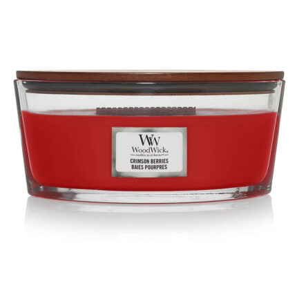 Rote WoodWick Crimson Berries Kerze im Glas mit Holzdeckel