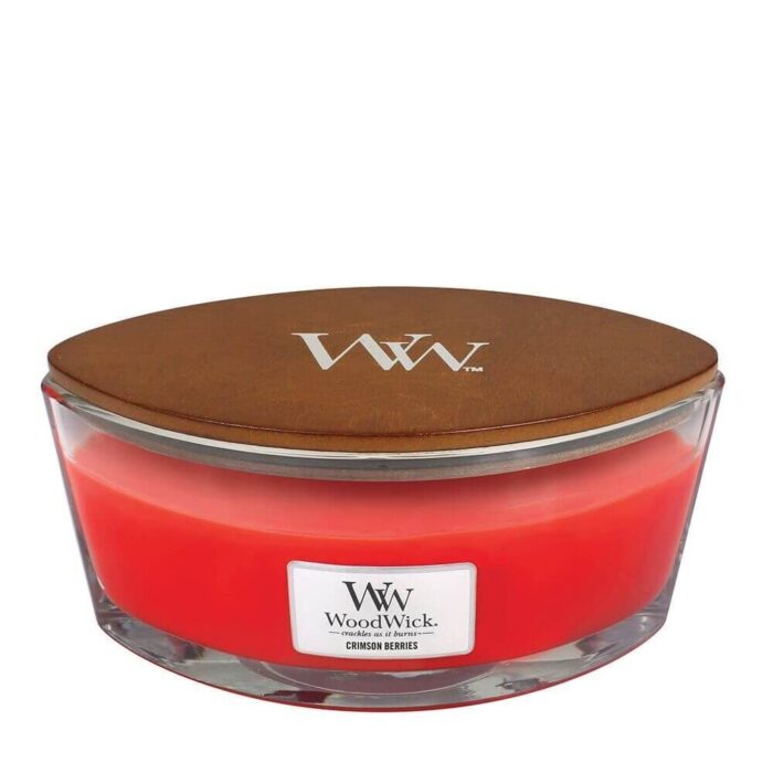 Geöffnete rote WoodWick Crimson Berries Kerze im Glas