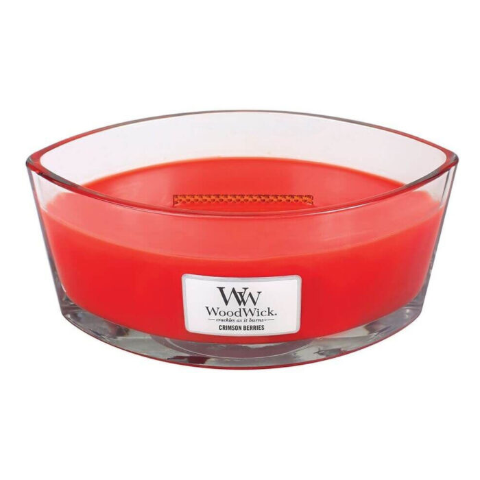 Rote WoodWick Crimson Berries Kerze ohne Deckel mit sichtbarem Docht