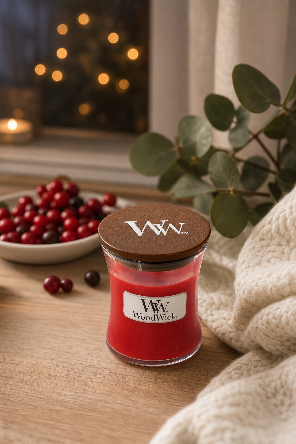 Rote WoodWick-Kerze mit Holzdeckel auf einem Tisch neben Beeren