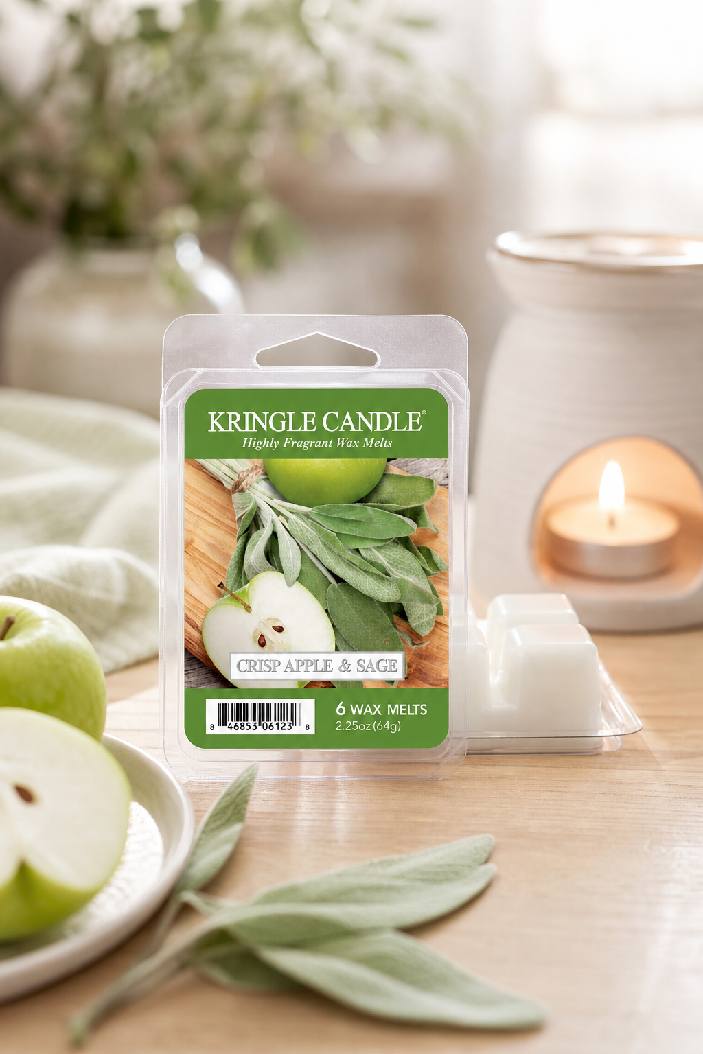 Crisp Apple & Sage Wax Melts 64g in einer stimmungsvollen Anwendungsszene
