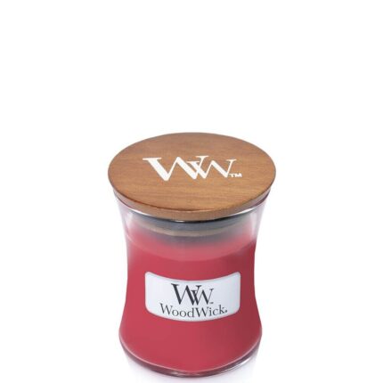 Rote WoodWick Kerze im Glas mit geschlossenem Holzdeckel