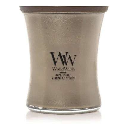 WoodWick Cypress Ore Kerze mit geschlossenem Holzdeckel frontal