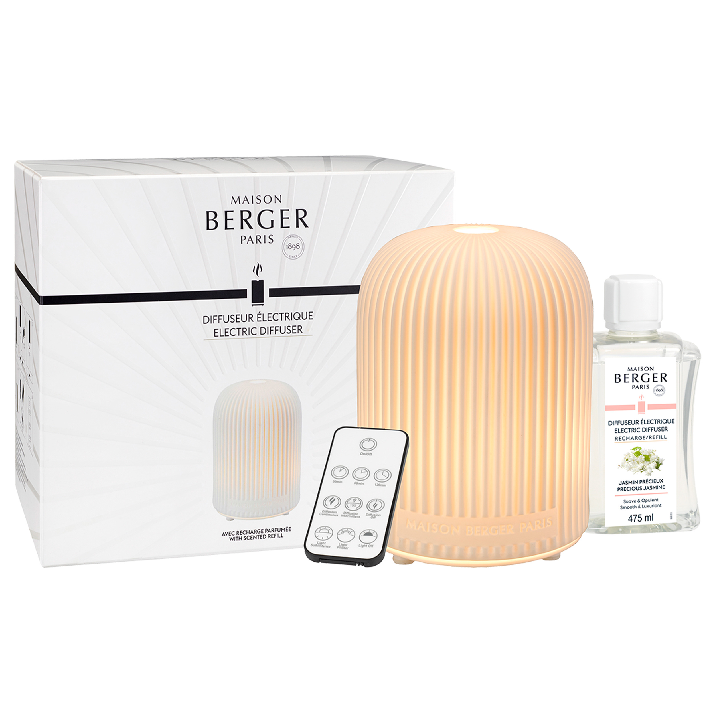 Diffuser mit Verpackung und Nachfüllung Elektrischer Diffuser neben Verpackung, Fernbedienung und Jasmin-Nachfüllflakon