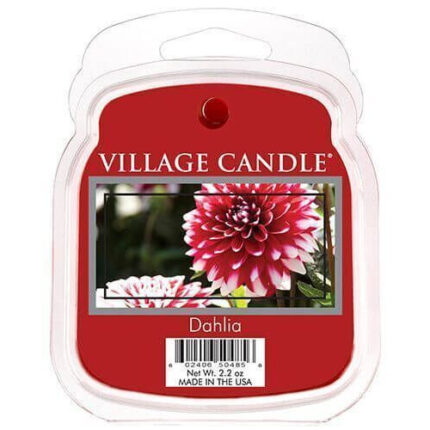 Nahaufnahme des Dahlia-Etiketts von Village Candle in transparenter Verpackung